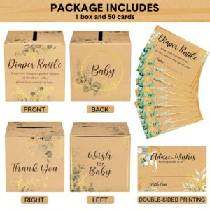 Teling 51 Pcs Greenery Diaper Raffle Tickets with Kraft Card Sign Box Diaper Raffle Insert Invitations Cards Baby Shower Party Game Decorations Table Centerpiece Bring a Pack of Diaper to Win