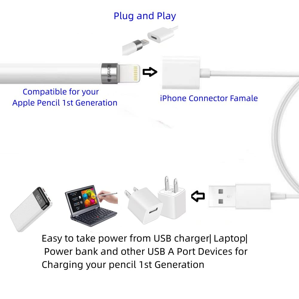 Design for Apple Pencil Charger,Apple Pencil Adapter 1FT/1Pack, iPencil Charger Fast Charging Compatible with Apple Pencil 1st Generation,USB A Male to Lightning Female