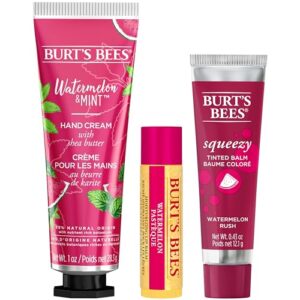 Burt's Bees Mothers Day Gifts for Mom, 3 Self Care Products, You're One in a Melon - Watermelon & Mint Hand Cream, Watermelon Lip Balm & Watermelon Rush Squeezy Tinted Lip Balm (Packaging May Vary)