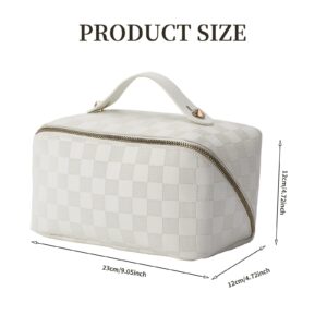 CELEDAS Cosmetic bag - check pattern cosmetic bag - waterproof portable skincare bag - large capacity cosmetic bag for women - with handle separator - white - fashion (White)