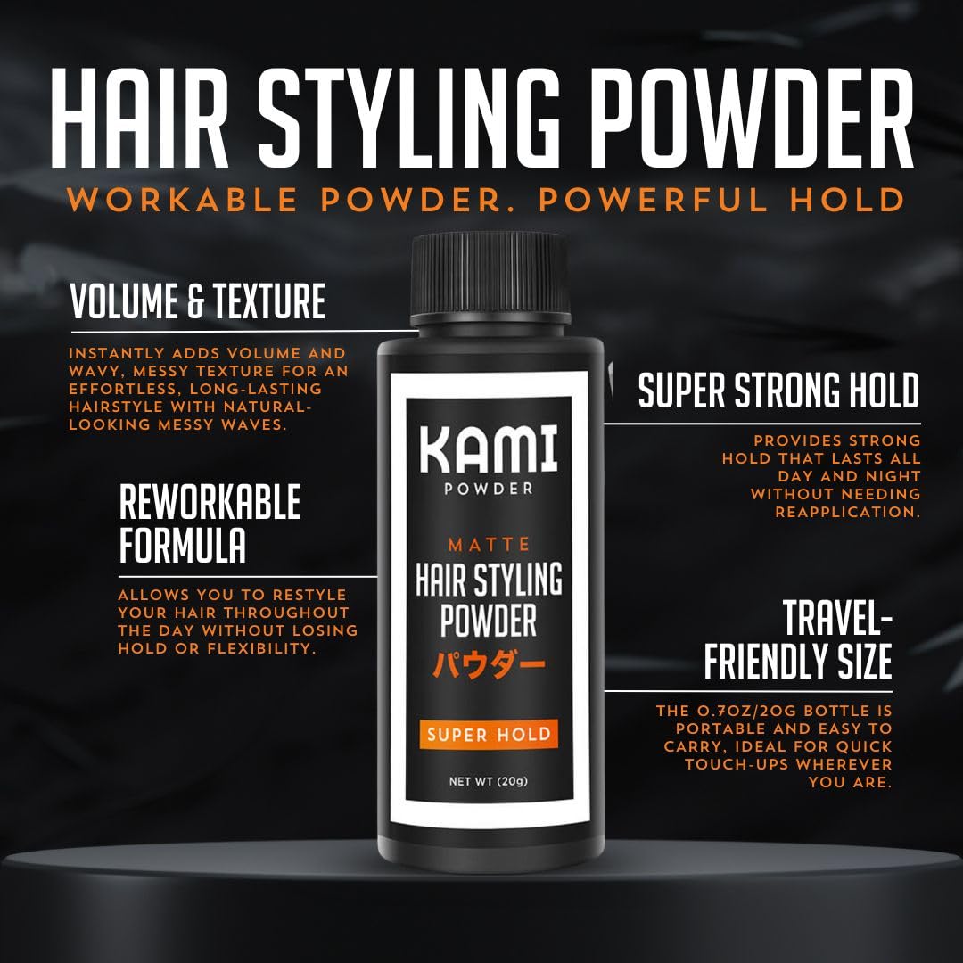 Kami Hair Texture Powder for Men - Strong Hold & Volume Powder - Texturizing Hair Powder for Men’s Styling, Matte Finish, All-Day Hold for Thick Hair