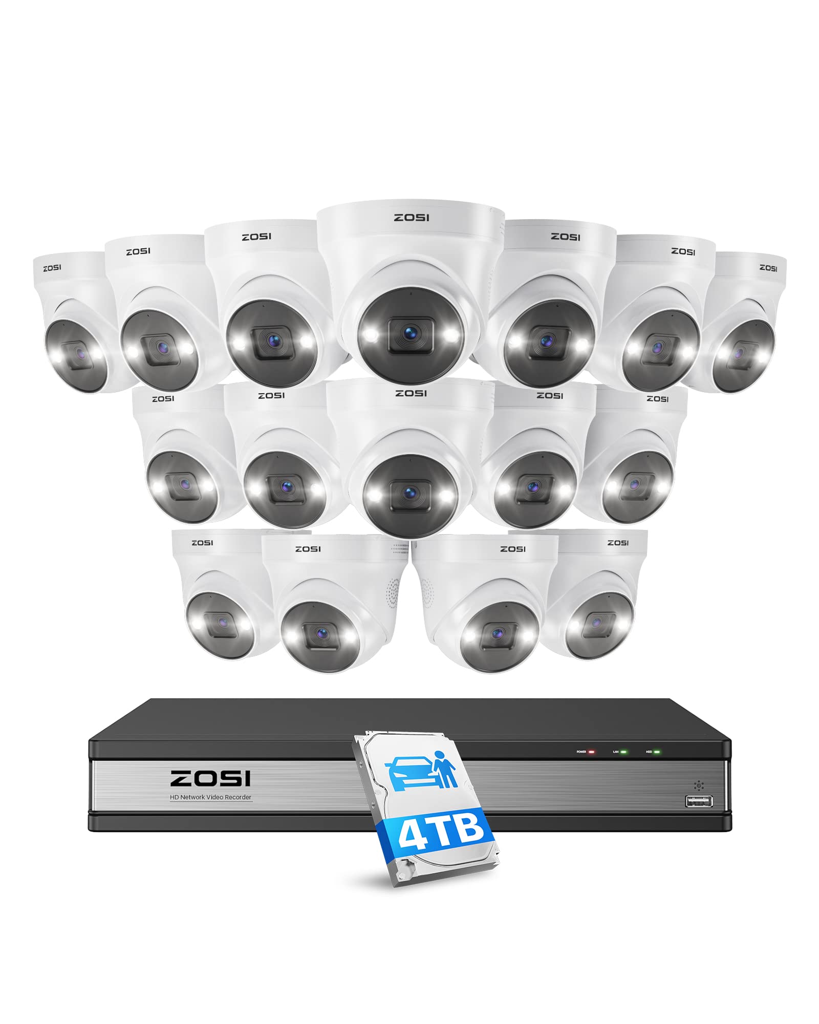 ZOSI 16Channel 4K PoE Home Security Camera System Outdoor Indoor with 4TB HDD,16pcs 4K PoE IP Cameras,Person Vehicle Detection,100ft Night Vision,2-Way Audio,16CH 4K NVR Recorder for 24/7 Recording