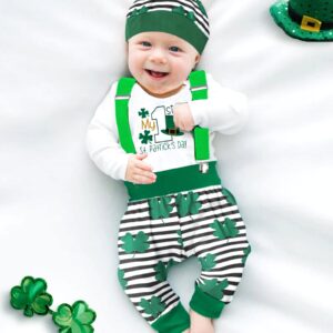 AGAPENG St Patricks Day Baby Boy Outfit Baby St Patricks Day Outfit Boy 3-6 Months Baby Boy St Patricks Day Outfit My First St Patricks Day 1st Romper Four Leaf Clover Suspenders Pants Stripe Hat