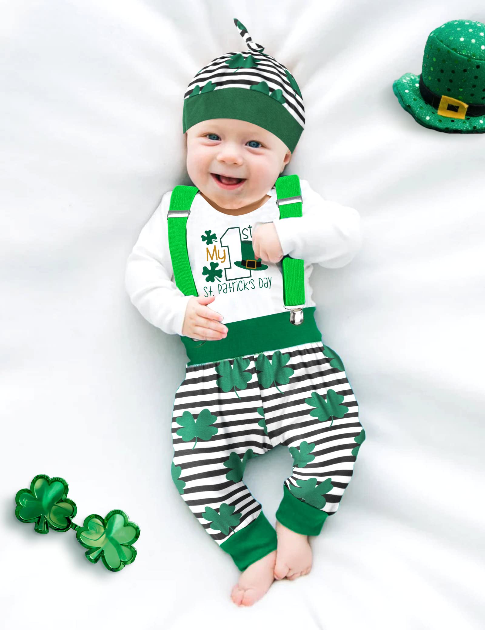 AGAPENG St Patricks Day Baby Boy Outfit Baby St Patricks Day Outfit Boy 3-6 Months Baby Boy St Patricks Day Outfit My First St Patricks Day 1st Romper Four Leaf Clover Suspenders Pants Stripe Hat