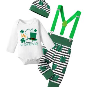 AGAPENG St Patricks Day Baby Boy Outfit Baby St Patricks Day Outfit Boy 3-6 Months Baby Boy St Patricks Day Outfit My First St Patricks Day 1st Romper Four Leaf Clover Suspenders Pants Stripe Hat