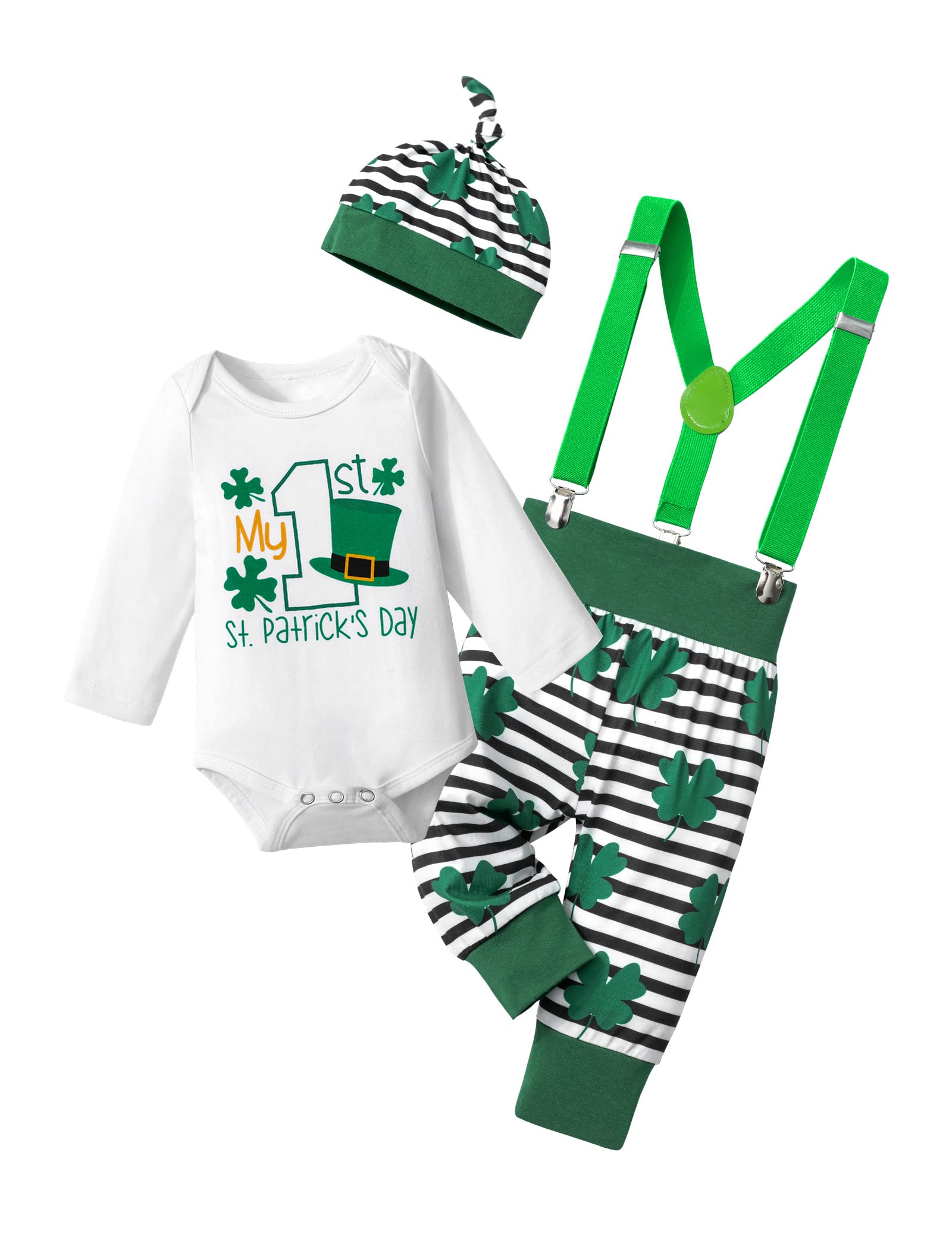 AGAPENG St Patricks Day Baby Boy Outfit Baby St Patricks Day Outfit Boy 3-6 Months Baby Boy St Patricks Day Outfit My First St Patricks Day 1st Romper Four Leaf Clover Suspenders Pants Stripe Hat