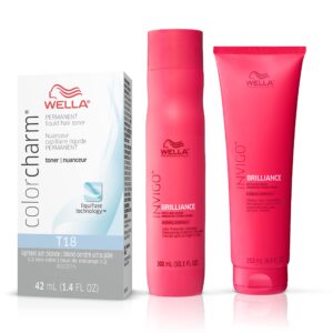 wella color charm invigo brilliance color protection shampoo & conditioner, for fine hair + hair toner, neutralize brass, t18 lightest ash blonde