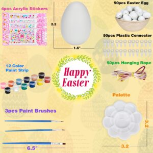 Luclay White Easter Eggs Painting Kit - 50 Pcs Paintable White Blank Easter Eggs Ornaments Bulk Decoration for Craft Hanging Plastic Eggs with Rope for Easter Egg Hunts, Basket Stuffers Fillers