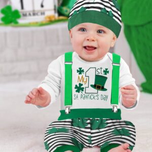 AGAPENG St Patricks Day Baby Boy Outfit Baby St Patricks Day Outfit Boy 3-6 Months Baby Boy St Patricks Day Outfit My First St Patricks Day 1st Romper Four Leaf Clover Suspenders Pants Stripe Hat