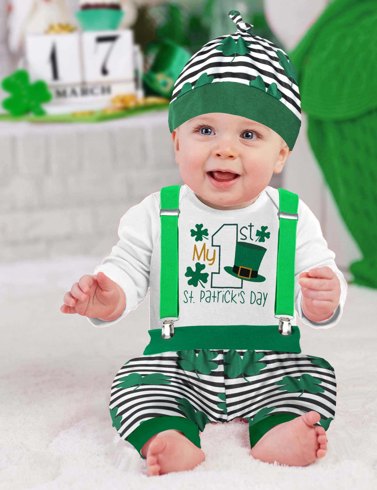 AGAPENG St Patricks Day Baby Boy Outfit Baby St Patricks Day Outfit Boy 3-6 Months Baby Boy St Patricks Day Outfit My First St Patricks Day 1st Romper Four Leaf Clover Suspenders Pants Stripe Hat