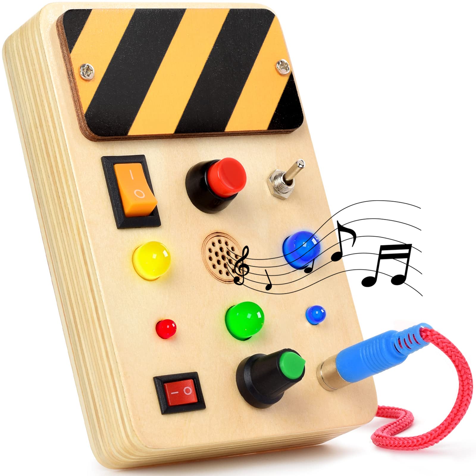 POLKRANE Toddler Montessori Travel Toys - Wooden Busy Board with LED Light,Switch Toy for Baby Sensory Play, Educational & Learning Toys for Kids (1+), Perfect Travel Toy,Gifts for 1-3 Year Old Kids