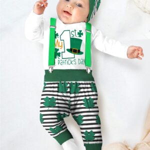 AGAPENG St Patricks Day Baby Boy Outfit Baby St Patricks Day Outfit Boy 3-6 Months Baby Boy St Patricks Day Outfit My First St Patricks Day 1st Romper Four Leaf Clover Suspenders Pants Stripe Hat