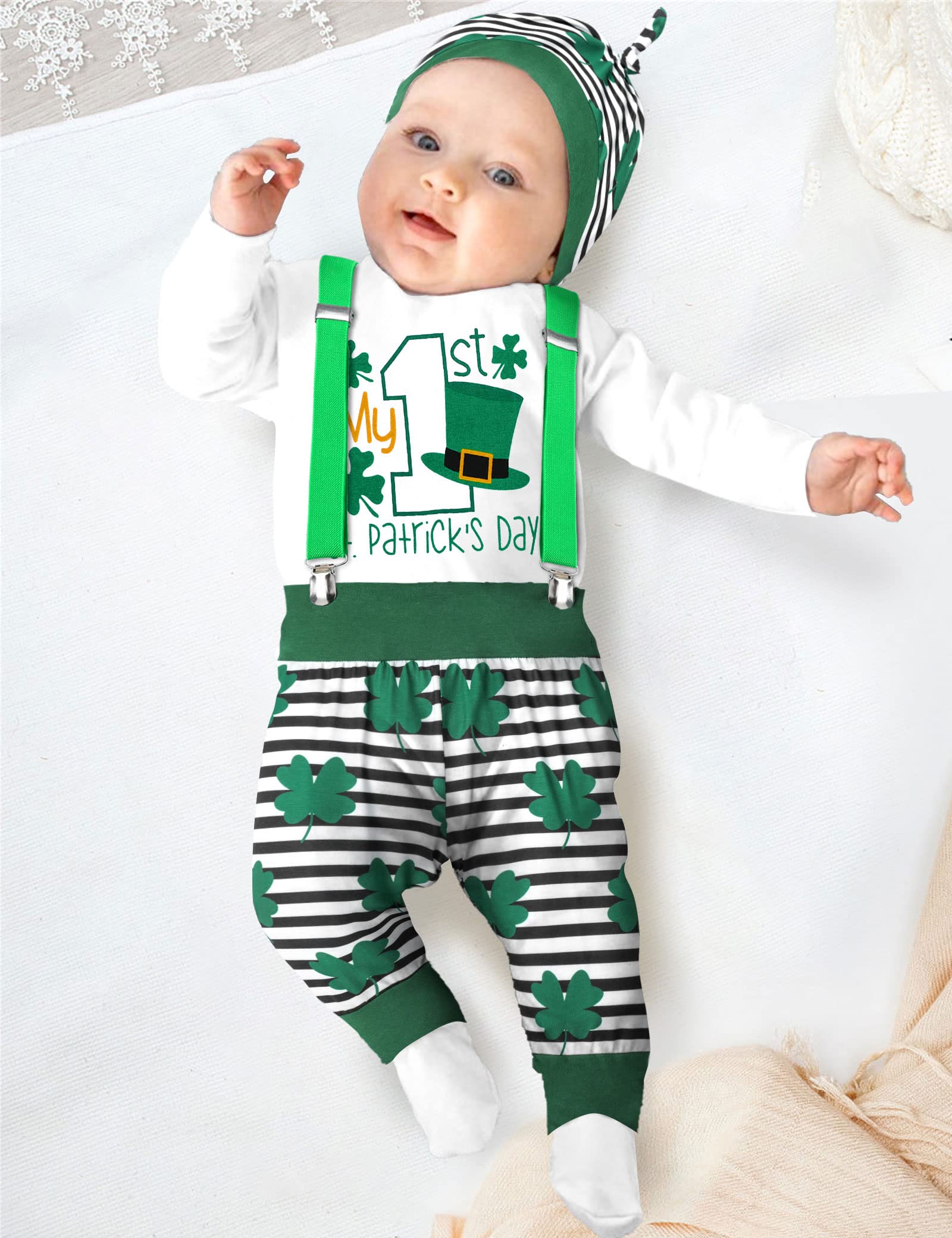 AGAPENG St Patricks Day Baby Boy Outfit Baby St Patricks Day Outfit Boy 3-6 Months Baby Boy St Patricks Day Outfit My First St Patricks Day 1st Romper Four Leaf Clover Suspenders Pants Stripe Hat