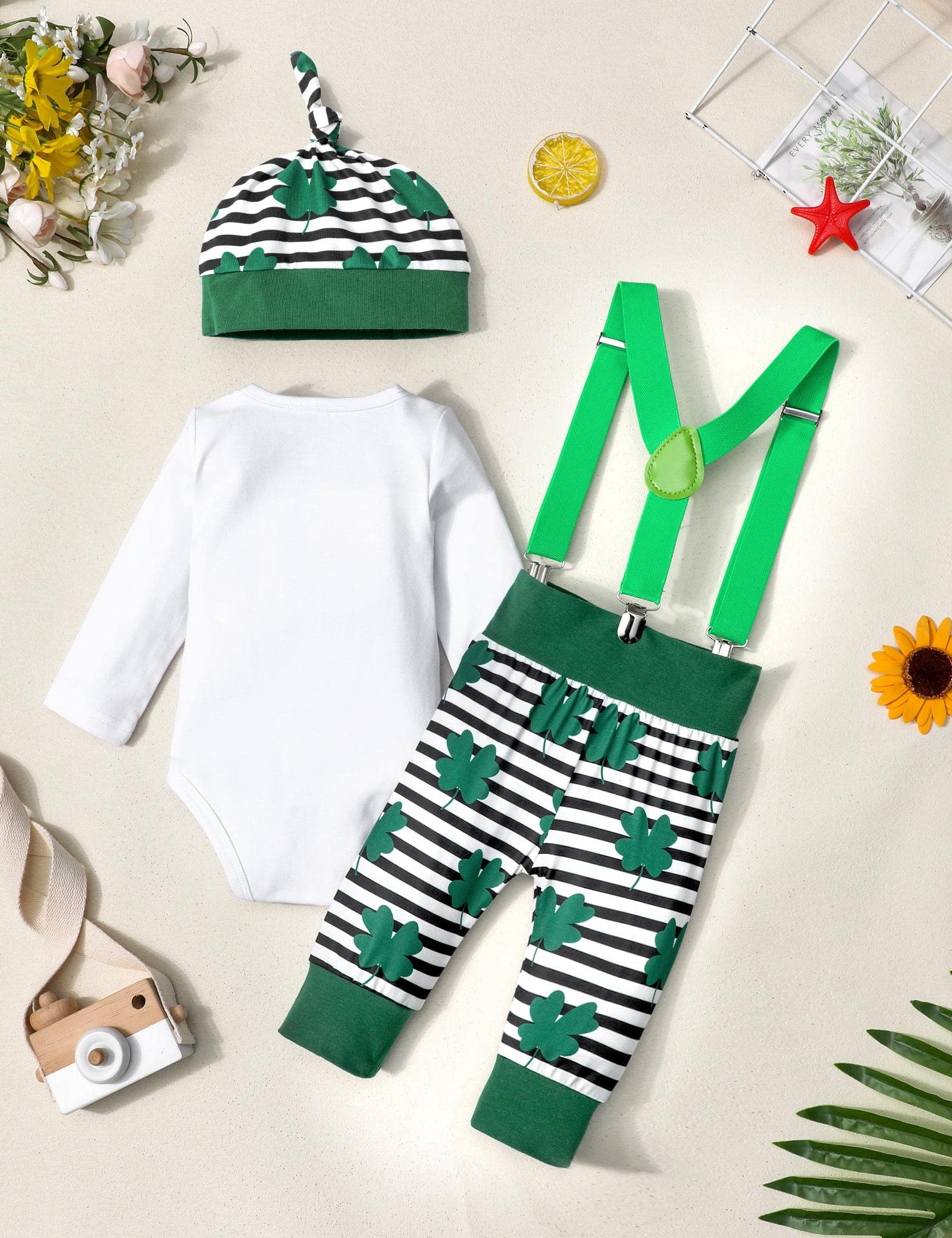 AGAPENG St Patricks Day Baby Boy Outfit Baby St Patricks Day Outfit Boy 3-6 Months Baby Boy St Patricks Day Outfit My First St Patricks Day 1st Romper Four Leaf Clover Suspenders Pants Stripe Hat