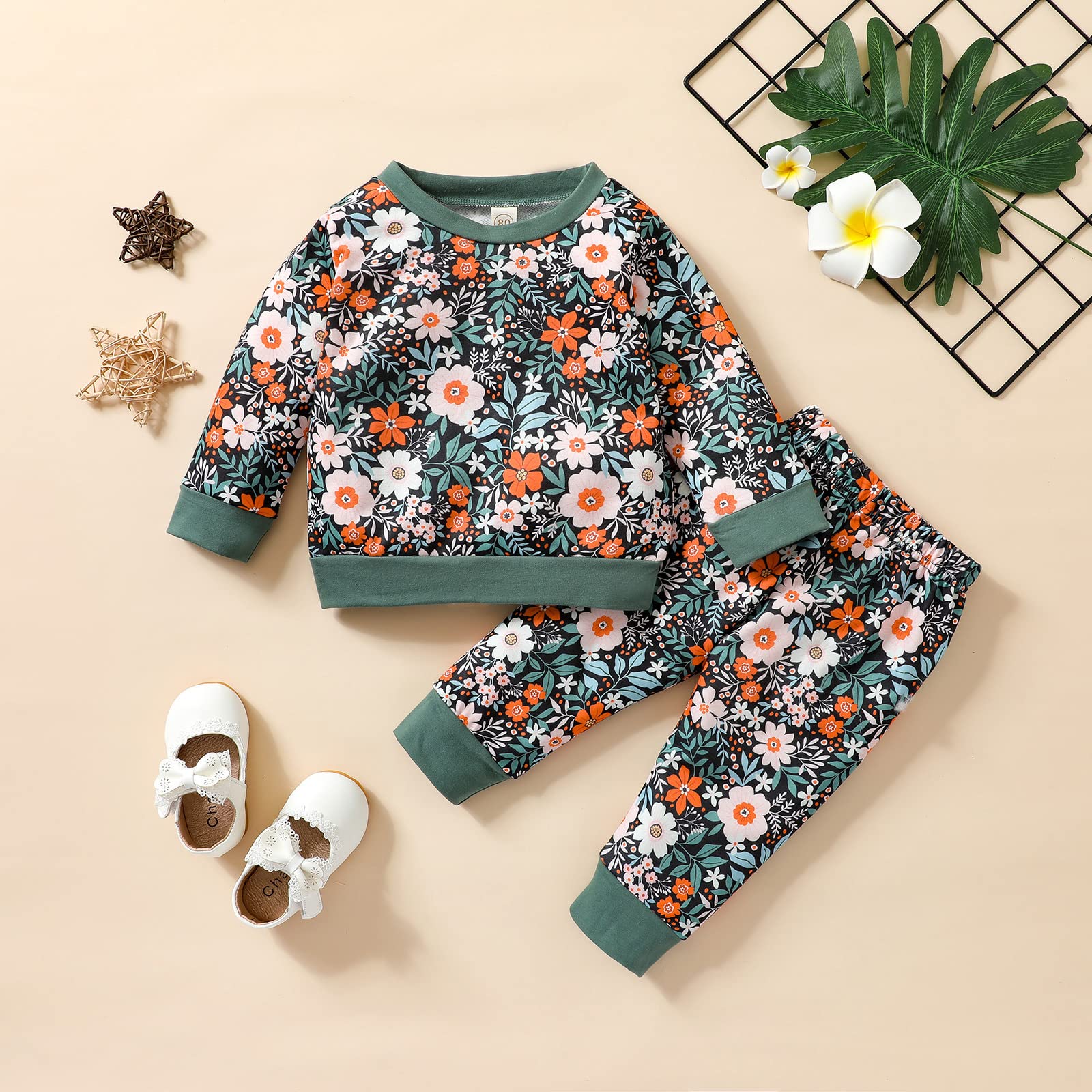 RogPrincekids Baby Girl Clothes Set Long Sleeve Sweatshirts Tops Pants Toddler Girls Cute Floral Outfits (Green, 18-24 Months)