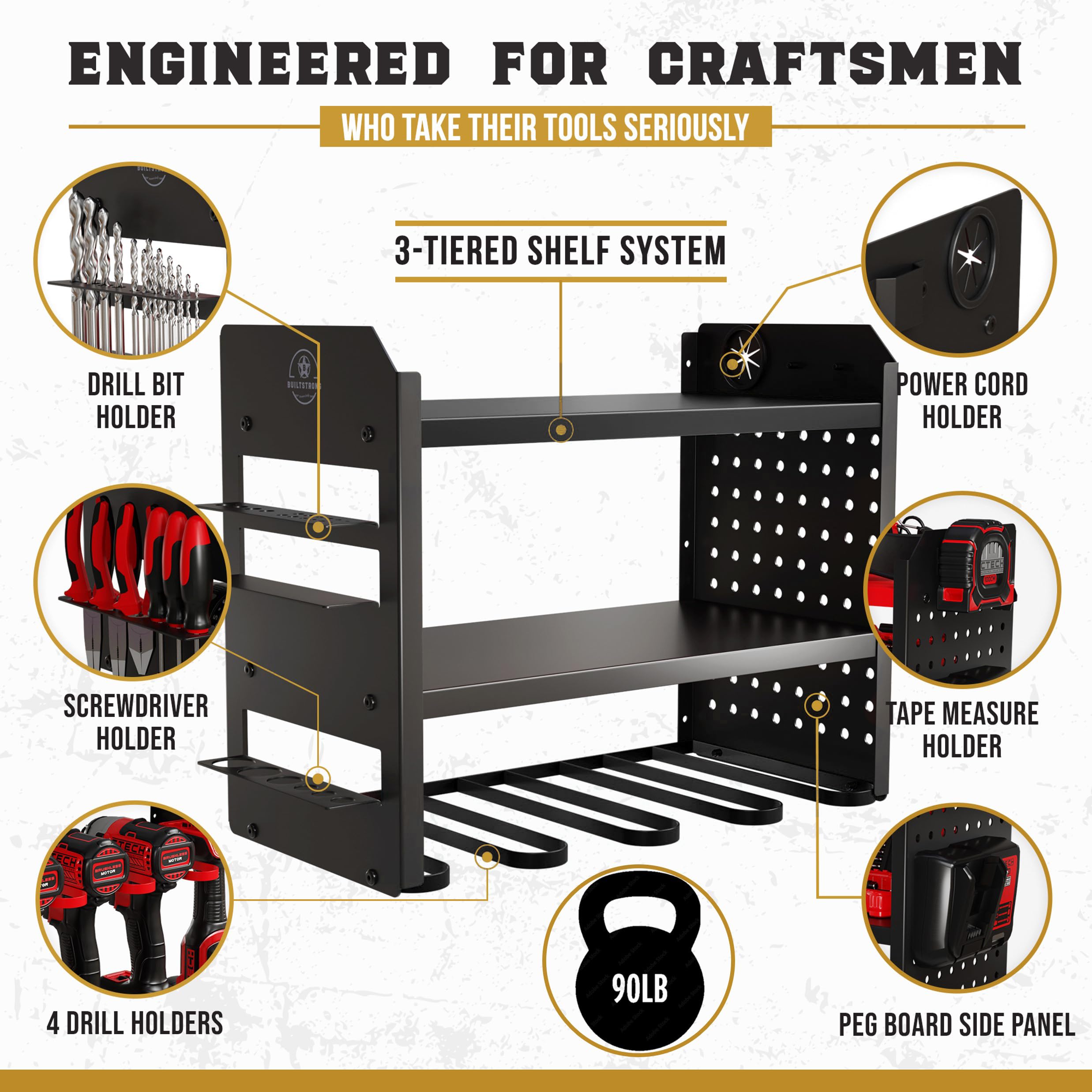 BUILTSTRONG Power Tool Organizer Wall Mount - 3-Tier Heavy-Duty Metal Hand Tool Storage Rack, Utility Racks, Drill Holder, PegBoard Side, & More - Garage Storage Cordless Tool Organizer (Black)