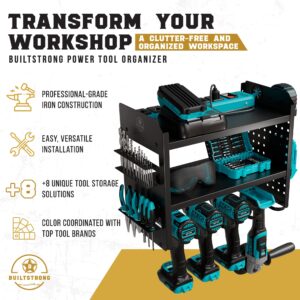 BUILTSTRONG Power Tool Organizer Wall Mount - 3-Tier Heavy-Duty Metal Hand Tool Storage Rack, Utility Racks, Drill Holder, PegBoard Side, & More - Garage Storage Cordless Tool Organizer (Black)