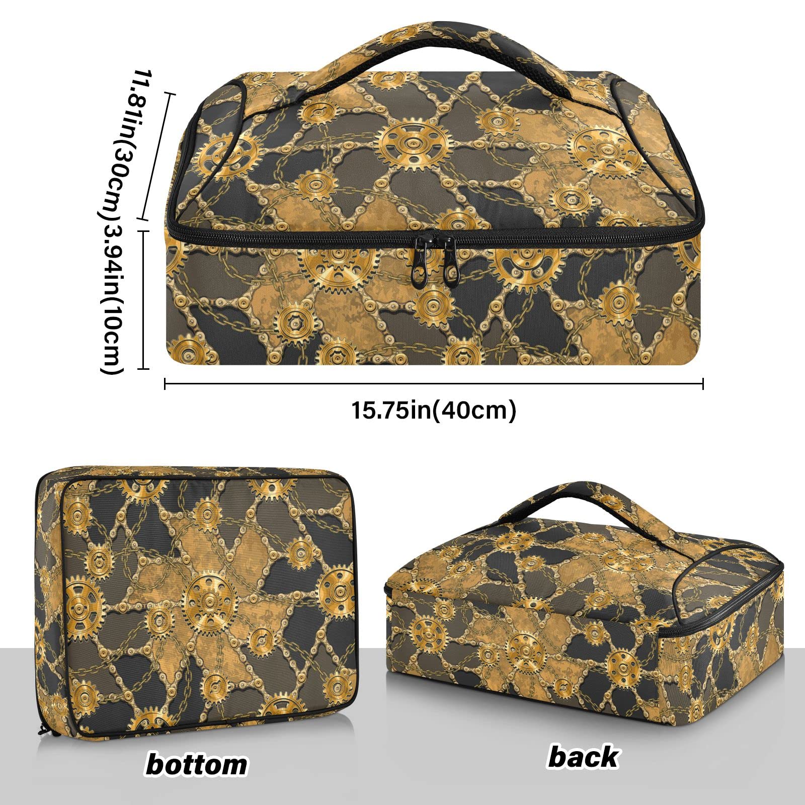 NFMILI Steampunk Gear Casserole Carrier, Insulated Food Delivery Bag Reusable Warmer Carrier Bag with Inner Pocket Aesthetic Print 15.75×11.81×3.94 IN