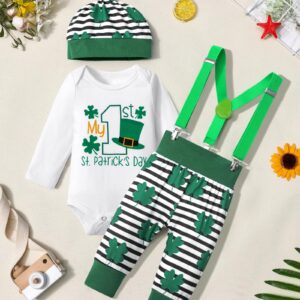 AGAPENG St Patricks Day Baby Boy Outfit Baby St Patricks Day Outfit Boy 3-6 Months Baby Boy St Patricks Day Outfit My First St Patricks Day 1st Romper Four Leaf Clover Suspenders Pants Stripe Hat