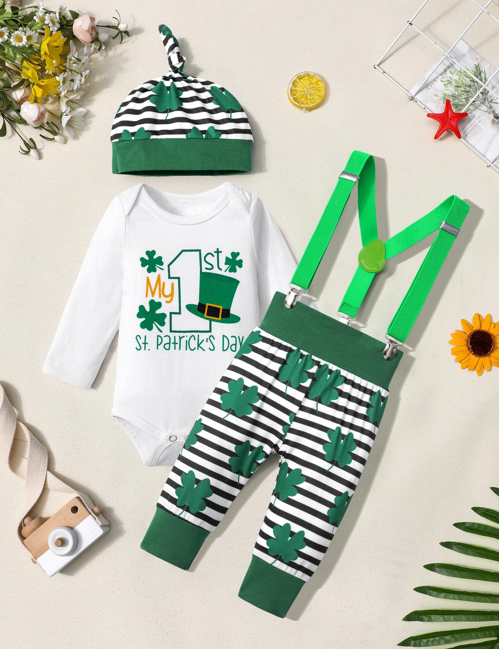 AGAPENG St Patricks Day Baby Boy Outfit Baby St Patricks Day Outfit Boy 3-6 Months Baby Boy St Patricks Day Outfit My First St Patricks Day 1st Romper Four Leaf Clover Suspenders Pants Stripe Hat