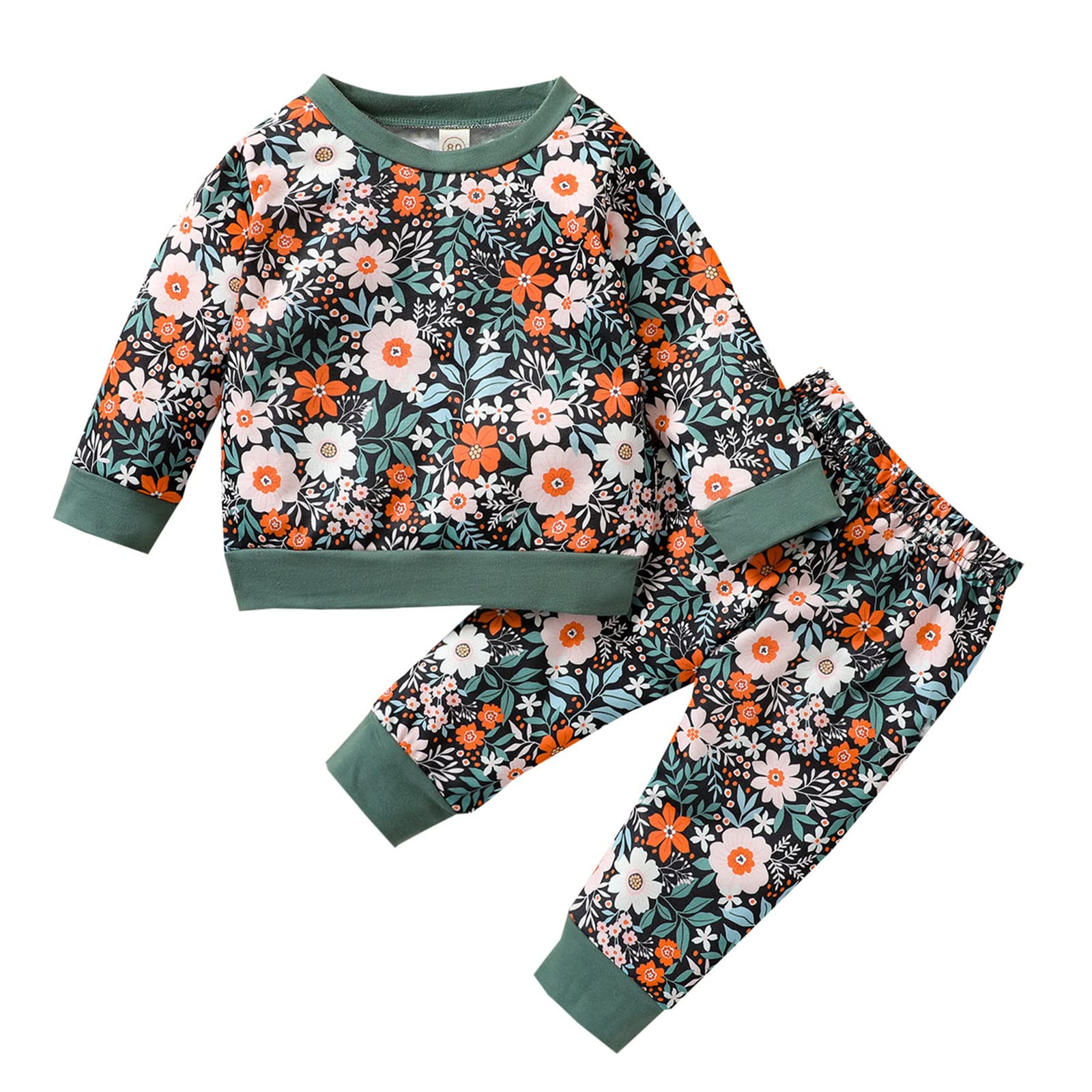 RogPrincekids Baby Girl Clothes Set Long Sleeve Sweatshirts Tops Pants Toddler Girls Cute Floral Outfits (Green, 18-24 Months)