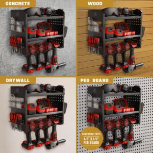 BUILTSTRONG Power Tool Organizer Wall Mount - 3-Tier Heavy-Duty Metal Hand Tool Storage Rack, Utility Racks, Drill Holder, PegBoard Side, & More - Garage Storage Cordless Tool Organizer (Black)