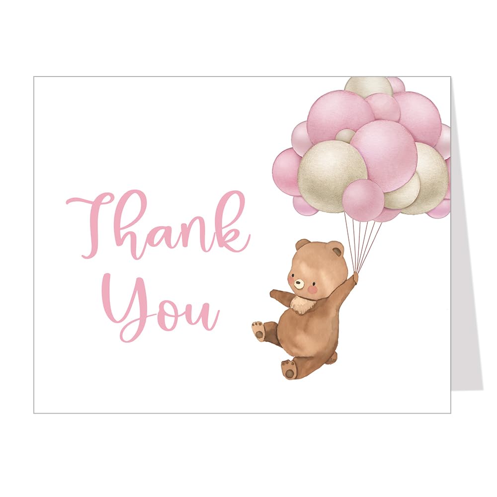 The Invite Lady Bear Baby Shower Thank You Cards Watercolor Bearly Wait Teddy Bear Pink Girl Sprinkle Balloons Printed Cards (24 Count)