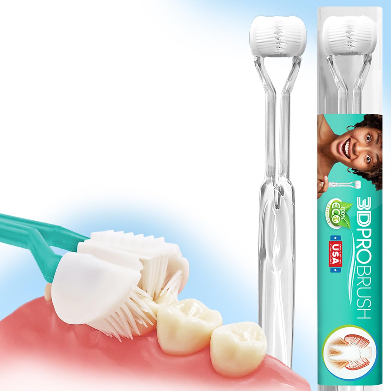 3D PRO BRUSH | NEW Crystal Clear 3-Sided Toothbrush | 3X Triple Clean + Soft Gum Massage | Built-In Tongue Scraper | Sustainable Eco-Friendly Design | Kids Adults Braces Travel | MADE IN USA