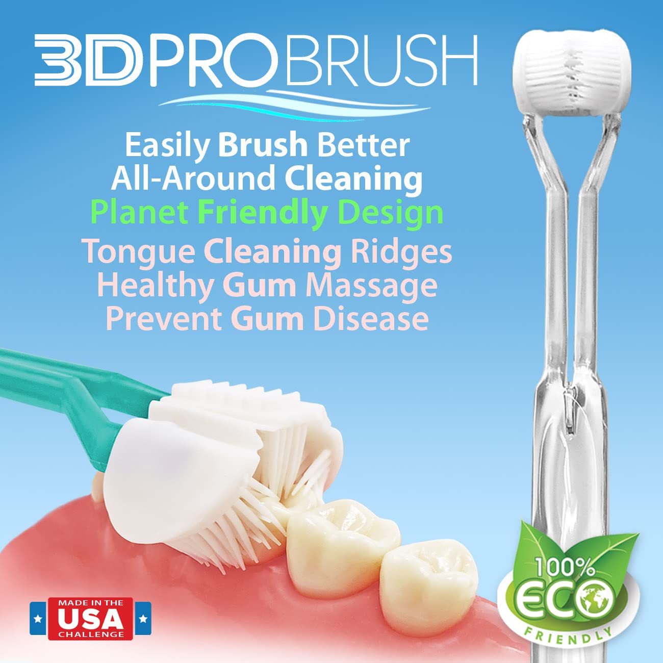 3D PRO BRUSH | 2PK 3-Sided Toothbrush | 3X Triple Clean + Soft Gum Massage | 14-Pack Replacement Heads | Tongue Scraper | Sustainable Eco-Friendly Design | Kids Adults Braces Travel | MADE IN USA