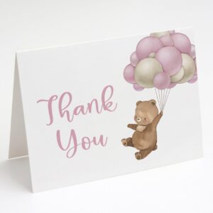 The Invite Lady Bear Baby Shower Thank You Cards Watercolor Bearly Wait Teddy Bear Pink Girl Sprinkle Balloons Printed Cards (24 Count)