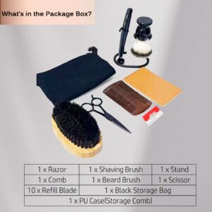 Shaving & Grooming Kit for Men, Danweix Beard Kit Brush Comb Scissors with Storage Bag Shaving Razor Brush with Stand holder 10pcs Refill Blades Great for Grooming Beards and Mustaches