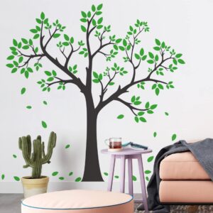 Buiory Giant Tree Wall Decal Removable Falling Green Leaves Wall Sticker DIY Peel and Stick Art Decor Black Tree Wall Sticker for Baby Kids Girls Bedroom Classroom Nursery Walls Background Decorations