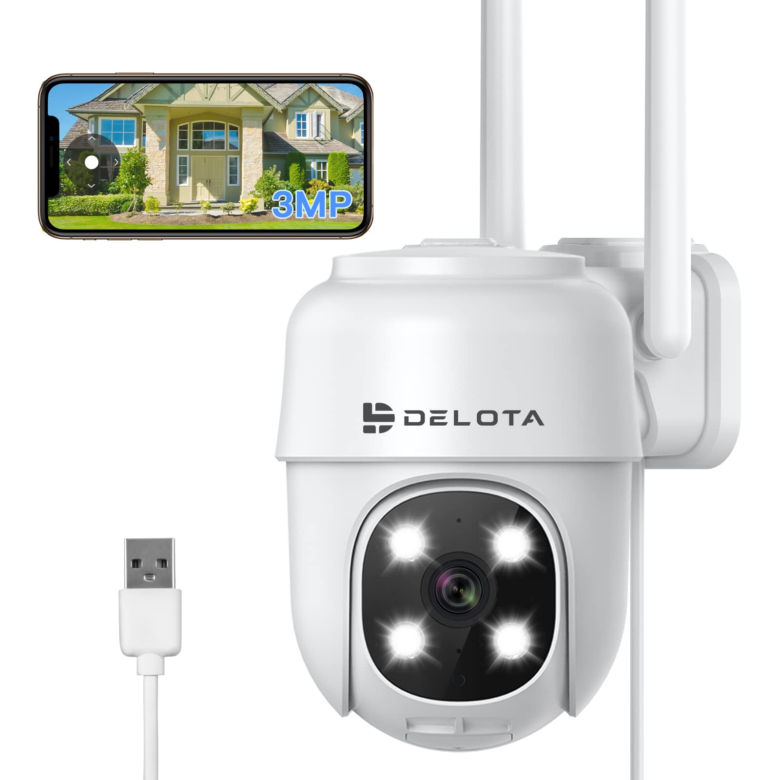 DLT-DELOTA 2K Security Camera Outdoor [2023 Upgraded Version] 2.4G WiFi Camera Outdoor Color Night Vision, 3MP PTZ Camera Outdoor with Cloud/SD, 2-Way Audio Motion Detection IP65 Waterproof