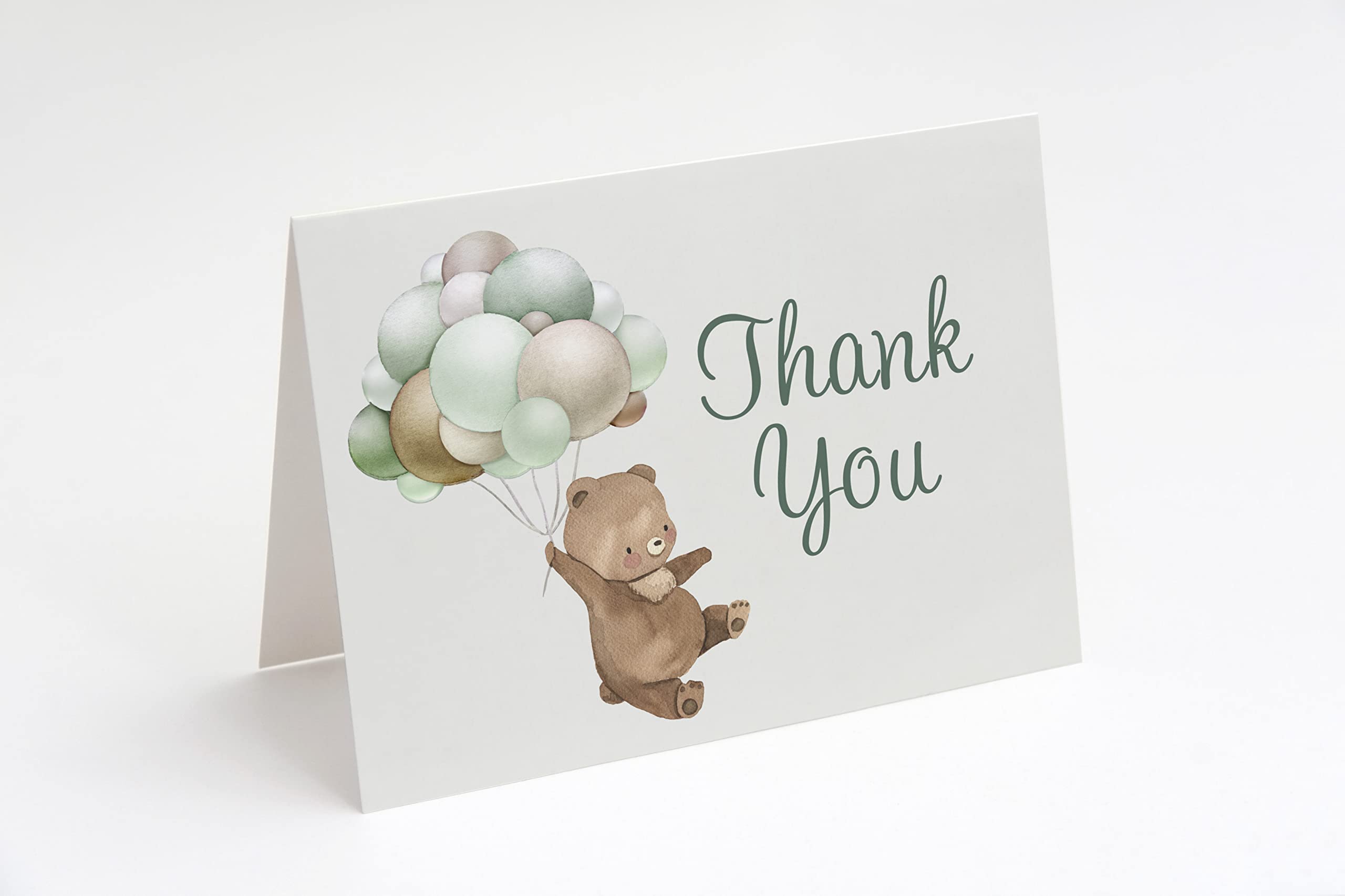 Bear Baby Shower Thank You Cards Watercolor Bearly Wait Teddy Bear Green Olive Sage Brown Balloons Unisex Gender Neutral Printed Cards (24 Count)