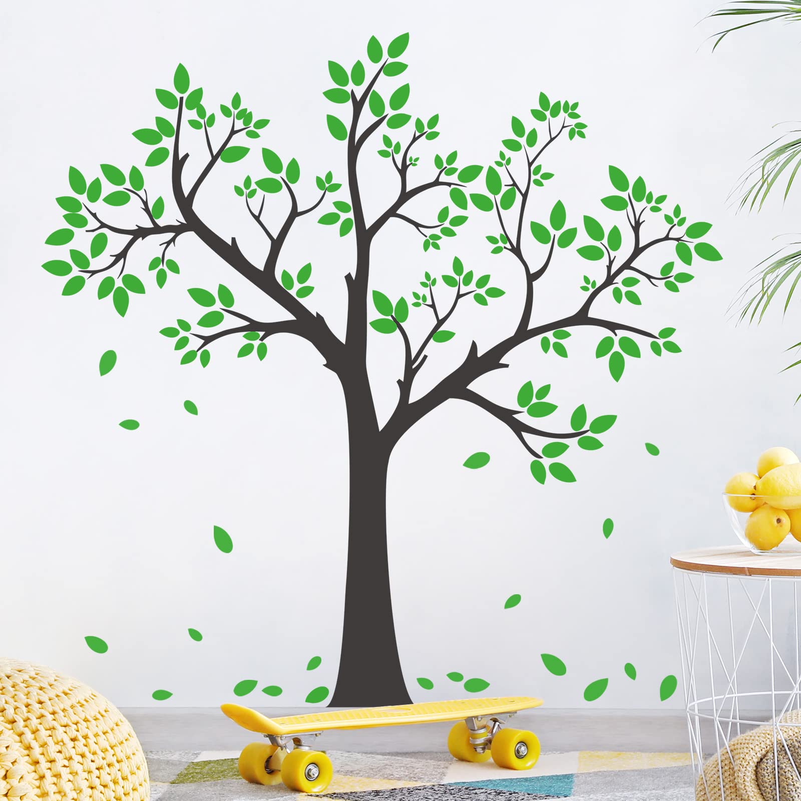 Buiory Giant Tree Wall Decal Removable Falling Green Leaves Wall Sticker DIY Peel and Stick Art Decor Black Tree Wall Sticker for Baby Kids Girls Bedroom Classroom Nursery Walls Background Decorations