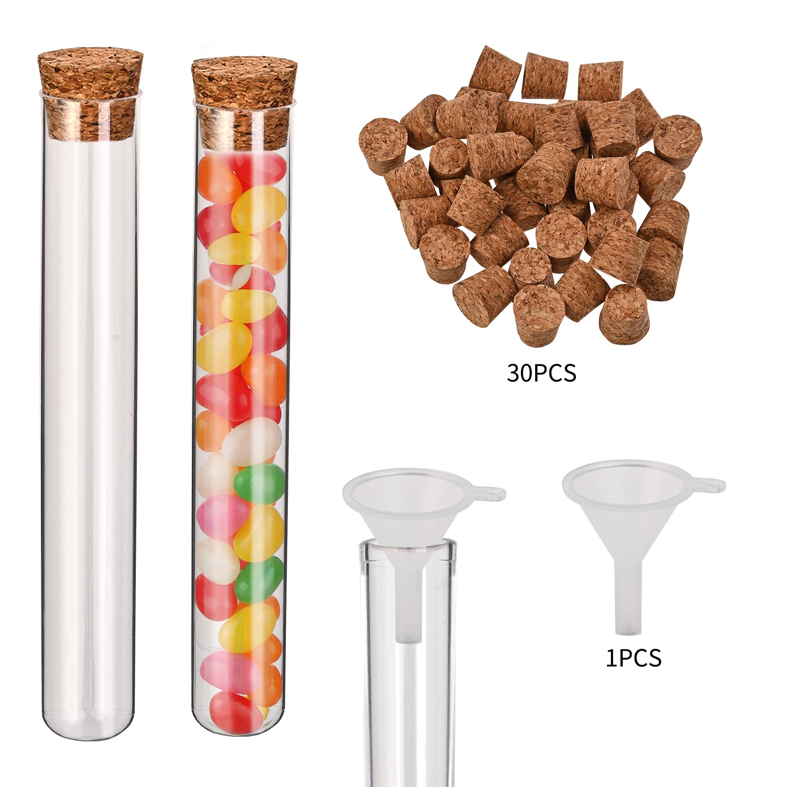 Faburo 30pcs Clear Plastic Test Tubes with Cork Stoppers, 16x100mm 10ml Small Plastic Bottles with Corks, Good Seal for Candy Storage, Bath Salt, Scientific Experiments and Plant Propagation