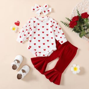 USKIDKK Baby Girl My First Valentine's Day Clothes Long Sleeve Ruffle Love Heart Print Romper+Flared pants 3Pcs Valentines Outfit (0-3 Months,Red)