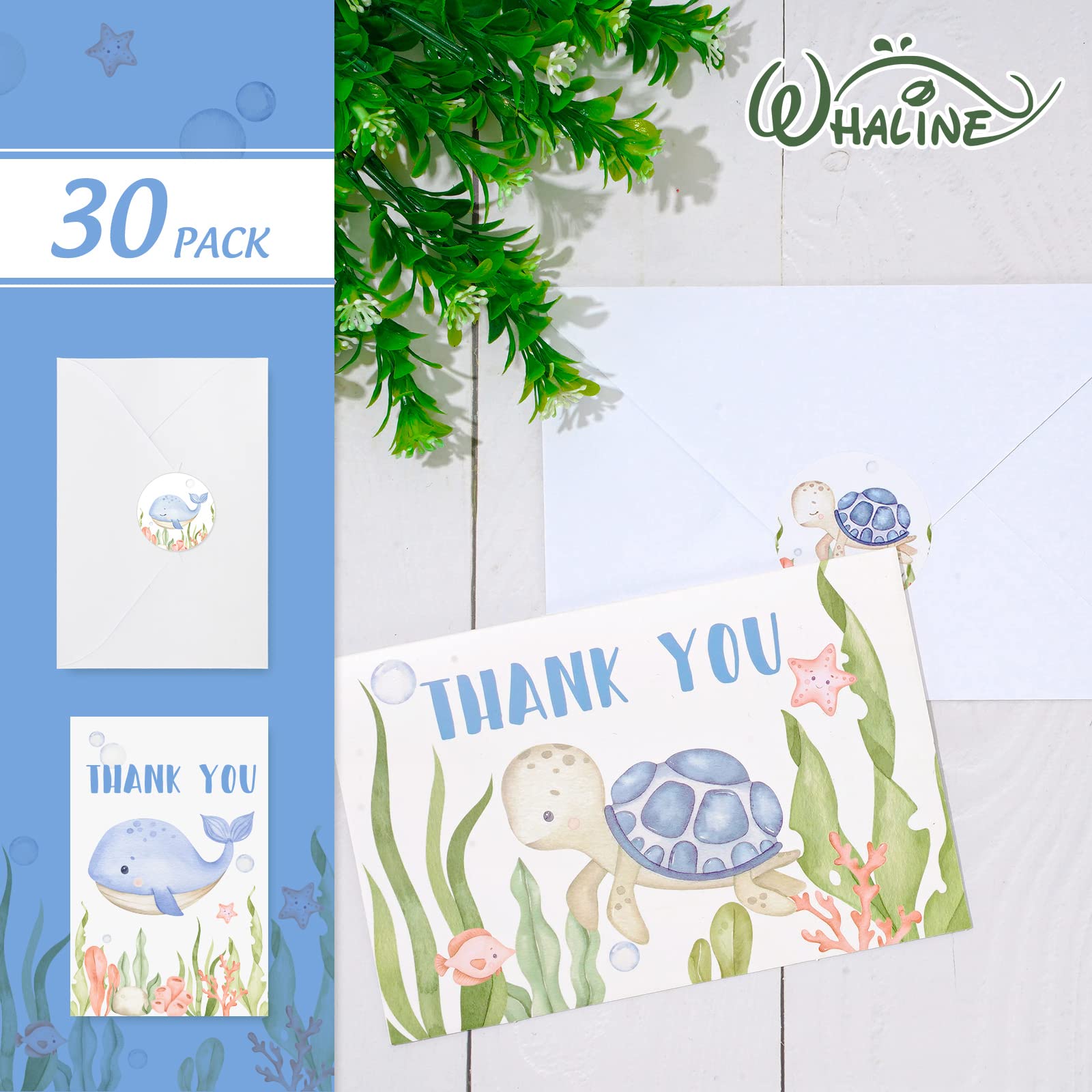 Whaline 30 Pack Under the Sea Thank You Cards with Envelopes Stickers Watercolor Ocean Animal Baby Shower Thank You Cards for Greeting Birthday 4 x 6 Inch