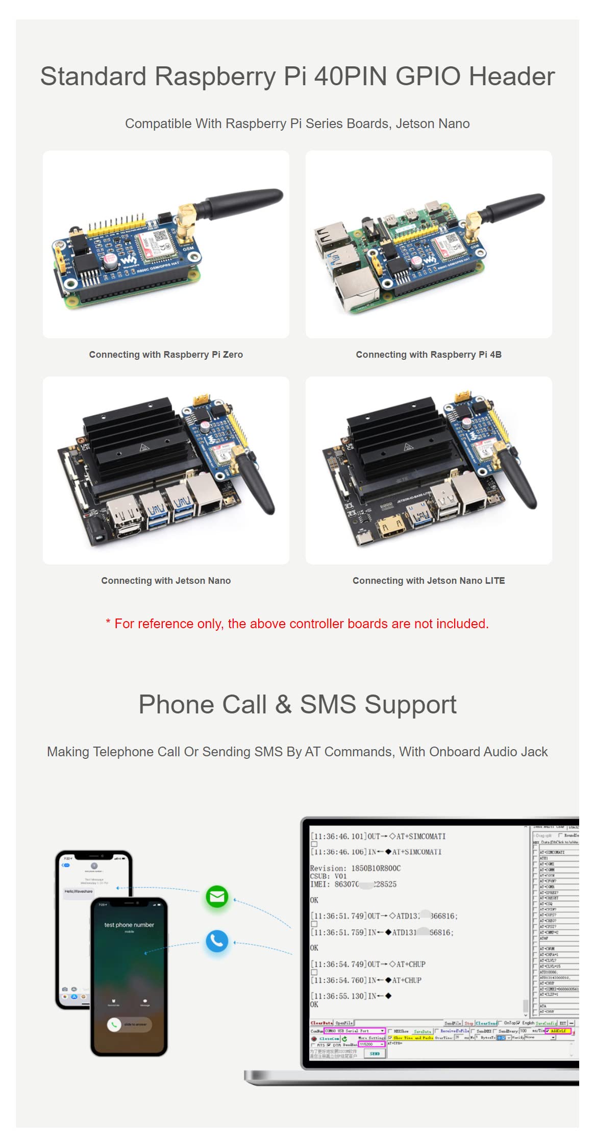 R800C GSM/GPRS HAT for Raspberry Pi Series & Jetson Nano, Support 2G Communication, Phone Call & SMS