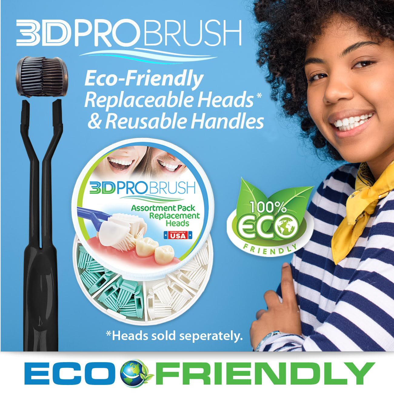 3D PRO BRUSH | NEW Crystal Clear 3-Sided Toothbrush | 3X Triple Clean + Soft Gum Massage | Built-In Tongue Scraper | Sustainable Eco-Friendly Design | Kids Adults Braces Travel | MADE IN USA