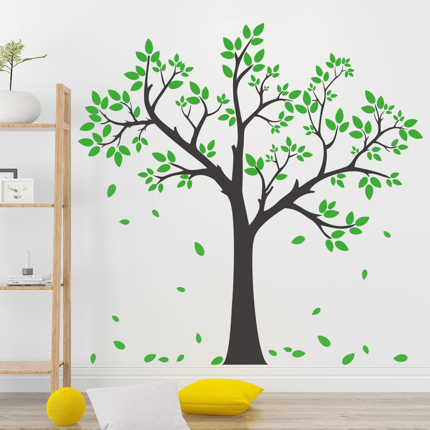 Buiory Giant Tree Wall Decal Removable Falling Green Leaves Wall Sticker DIY Peel and Stick Art Decor Black Tree Wall Sticker for Baby Kids Girls Bedroom Classroom Nursery Walls Background Decorations