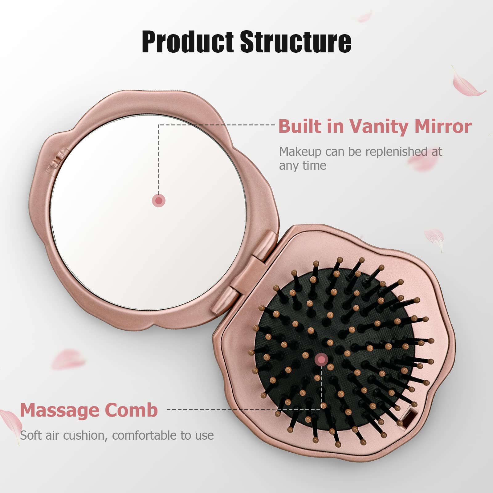 Travel Folding Hair Brush, Roses Mini Pocket Mirror Brush Easy to Carry for Small Spaces Nylon Brush/Comb/HairBrush for Women Men's Any Hairstyles Hair and Beards Wet Dry Hair Restore Shine