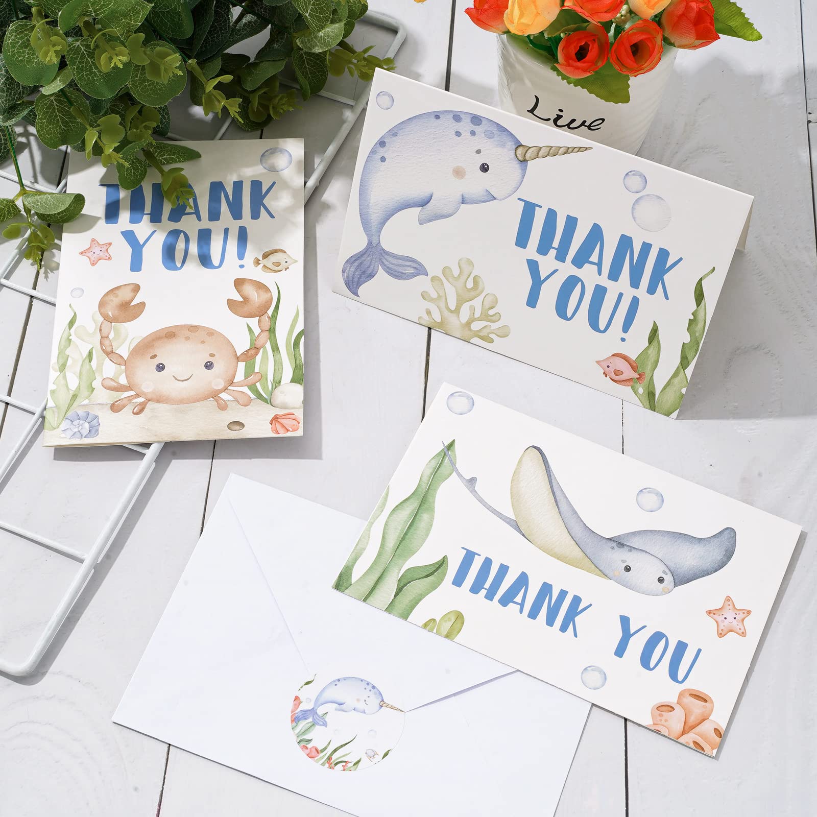 Whaline 30 Pack Under the Sea Thank You Cards with Envelopes Stickers Watercolor Ocean Animal Baby Shower Thank You Cards for Greeting Birthday 4 x 6 Inch