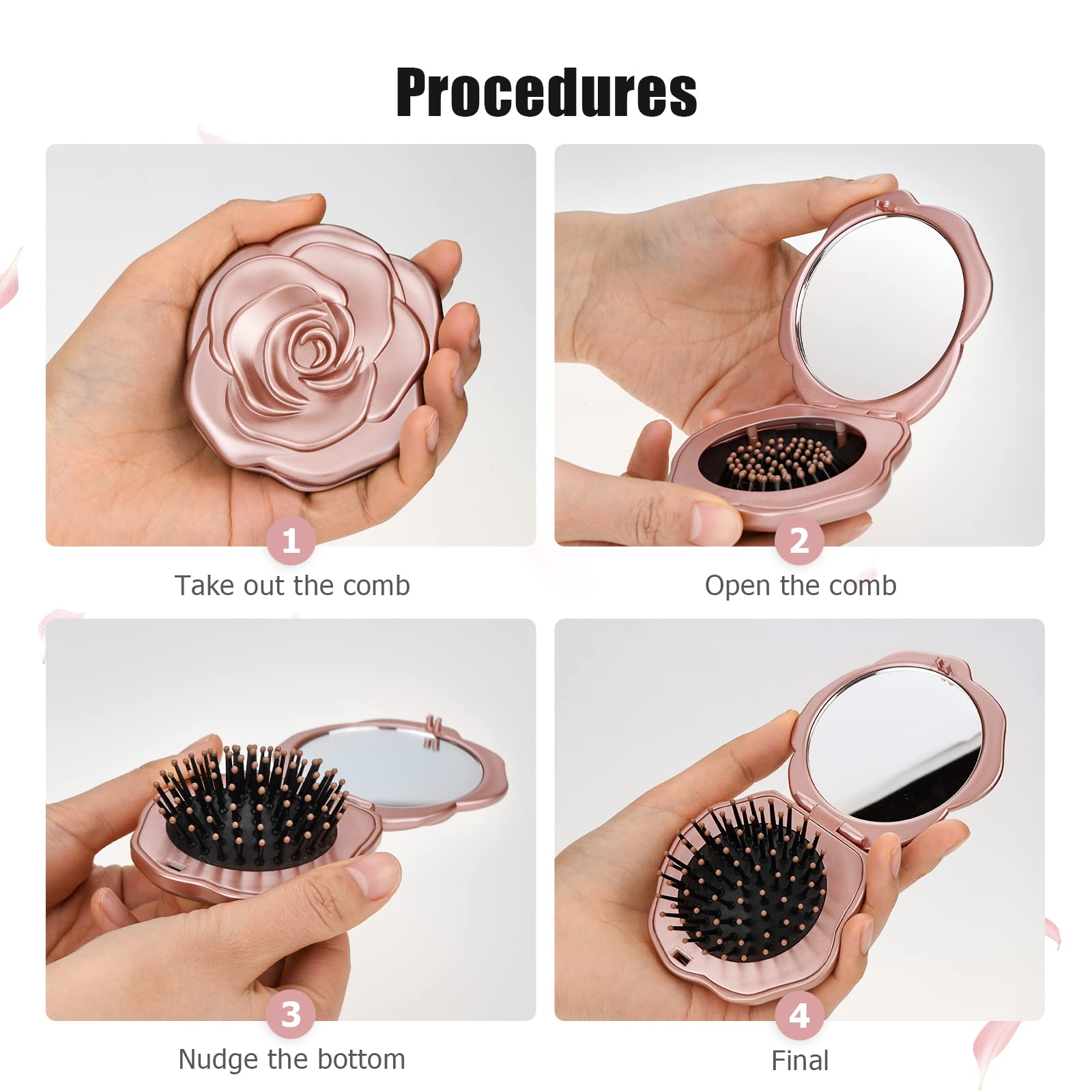 Travel Folding Hair Brush, Roses Mini Pocket Mirror Brush Easy to Carry for Small Spaces Nylon Brush/Comb/HairBrush for Women Men's Any Hairstyles Hair and Beards Wet Dry Hair Restore Shine