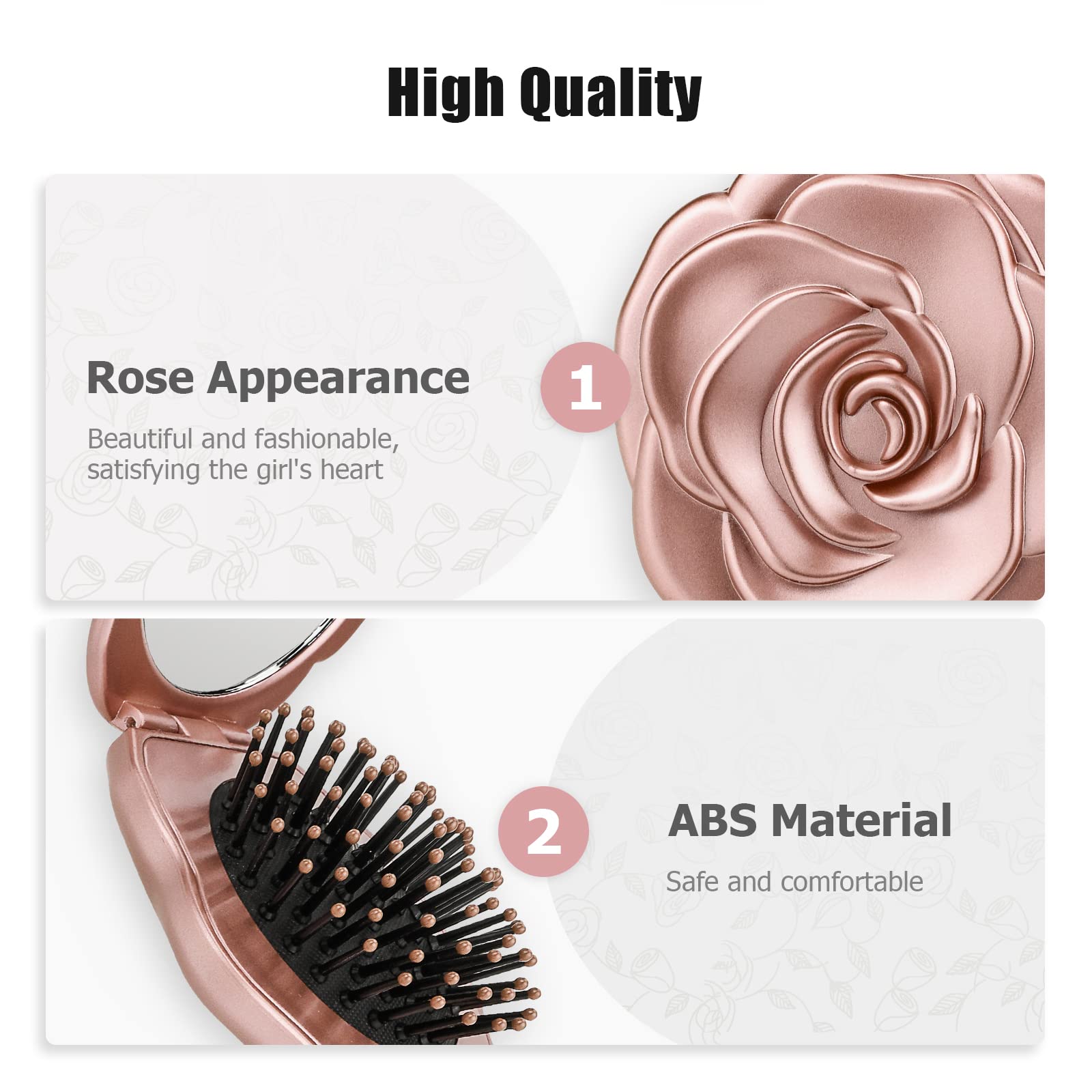 Travel Folding Hair Brush, Roses Mini Pocket Mirror Brush Easy to Carry for Small Spaces Nylon Brush/Comb/HairBrush for Women Men's Any Hairstyles Hair and Beards Wet Dry Hair Restore Shine