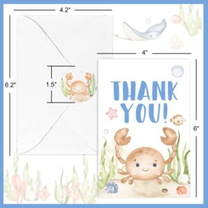 Whaline 30 Pack Under the Sea Thank You Cards with Envelopes Stickers Watercolor Ocean Animal Baby Shower Thank You Cards for Greeting Birthday 4 x 6 Inch