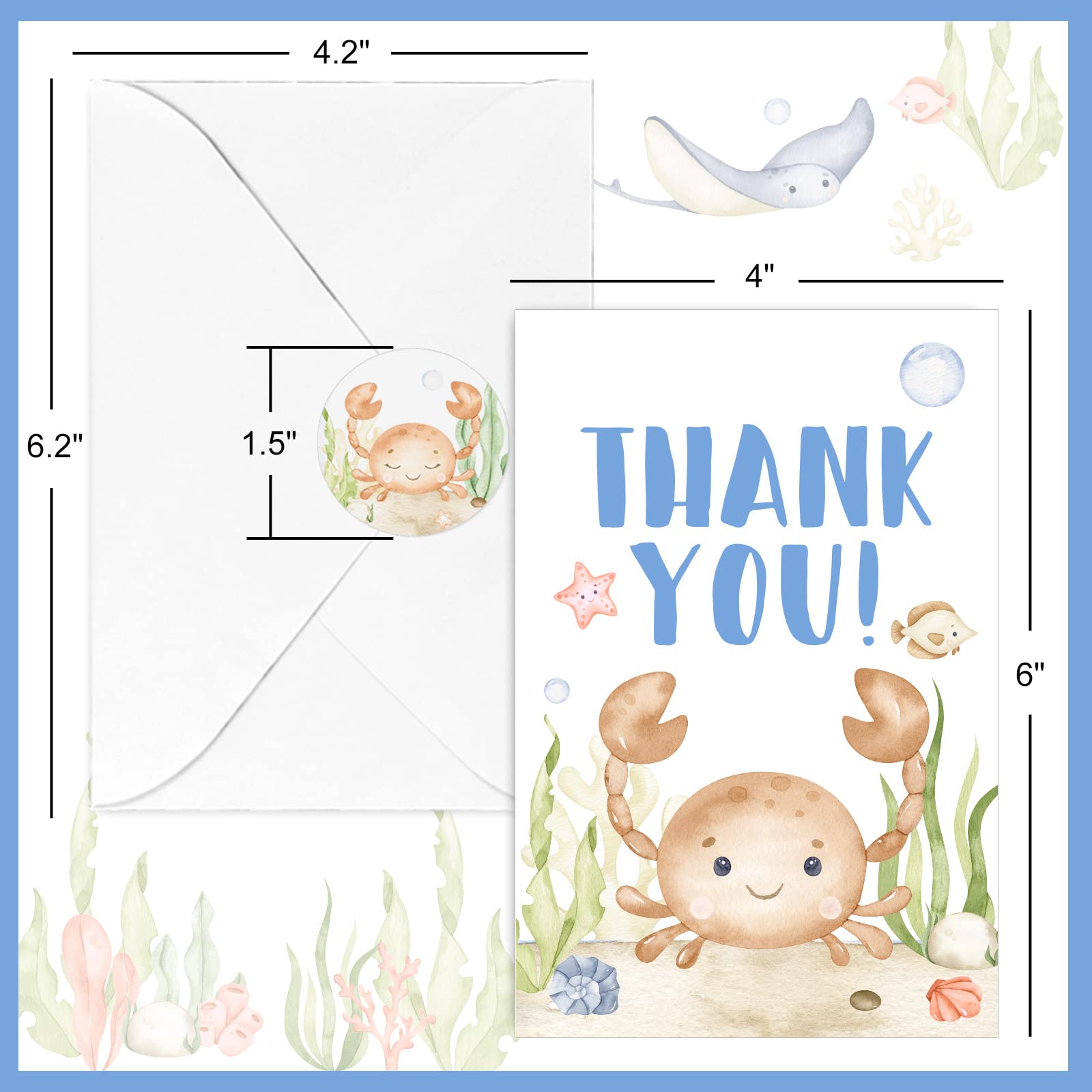 Whaline 30 Pack Under the Sea Thank You Cards with Envelopes Stickers Watercolor Ocean Animal Baby Shower Thank You Cards for Greeting Birthday 4 x 6 Inch