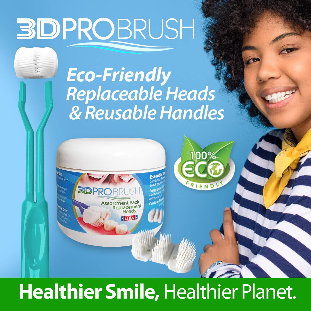 3D PRO BRUSH | 2PK 3-Sided Toothbrush | 3X Triple Clean + Soft Gum Massage | 14-Pack Replacement Heads | Tongue Scraper | Sustainable Eco-Friendly Design | Kids Adults Braces Travel | MADE IN USA