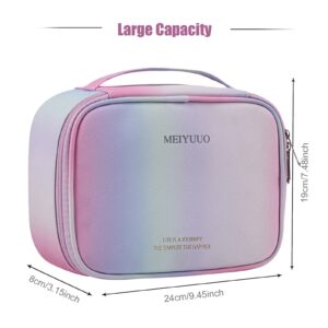 Meiyuuo Gradient Makeup Bag Large Travel Makeup Case Cosmetic Bags for Women Carry on Zipper Pouch Toiletry Bag Cute Colorful Organizer(Rainbow Pink)