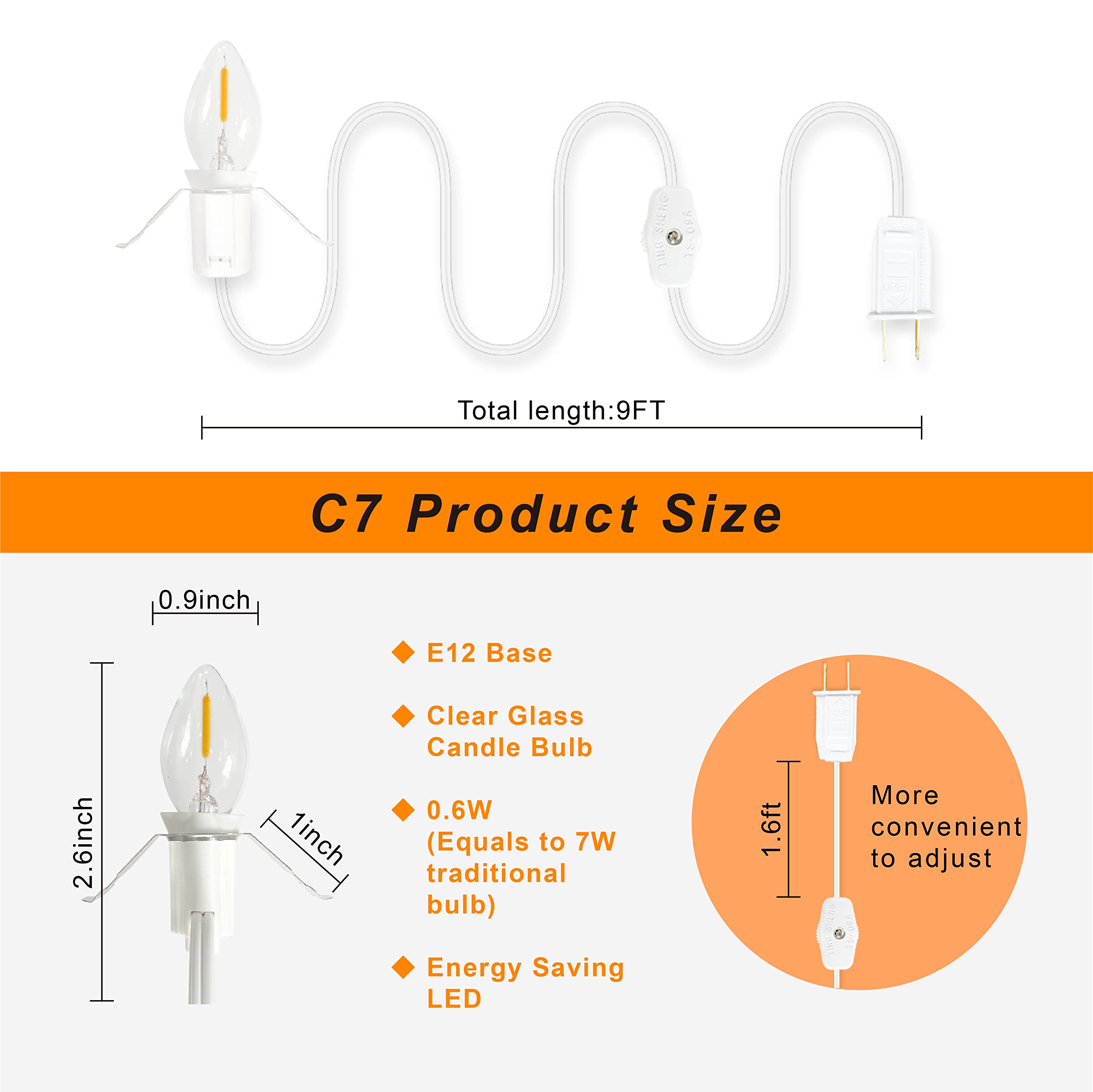 Kiraralite 2 Accessory Cord with 2 Led Light Bulb 6 Ft White Cord with On/Off Switch Plugs e12 Candelabra LED Light Bulbs and Clips for Halloween Christmas Decorations Craft Village House Decoration